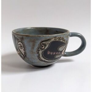 Vintage Mara Mexico Stoneware Fish Mug Oversized Studio Art Pottery Sgraffito